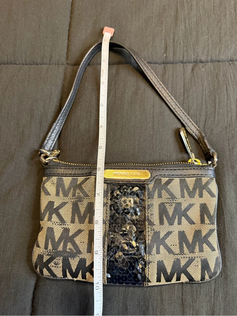 Michael Kors Black and Beige MK Logo Sequin Wristlet